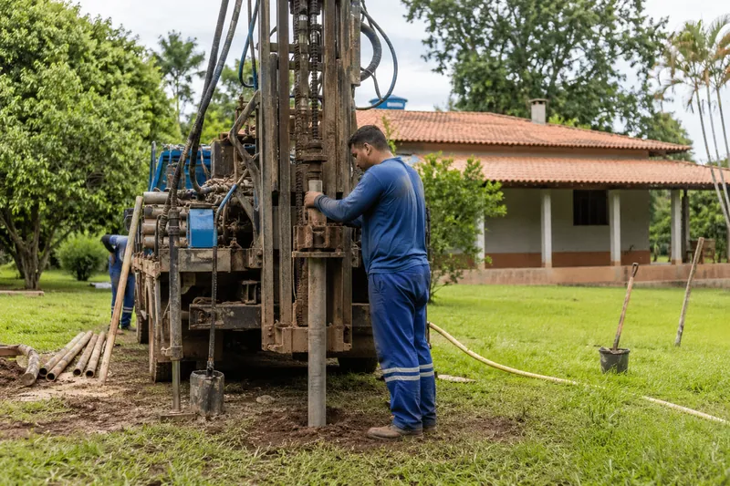 Equipe Tecnosolo operando a perfuratriz em uma propriedade
